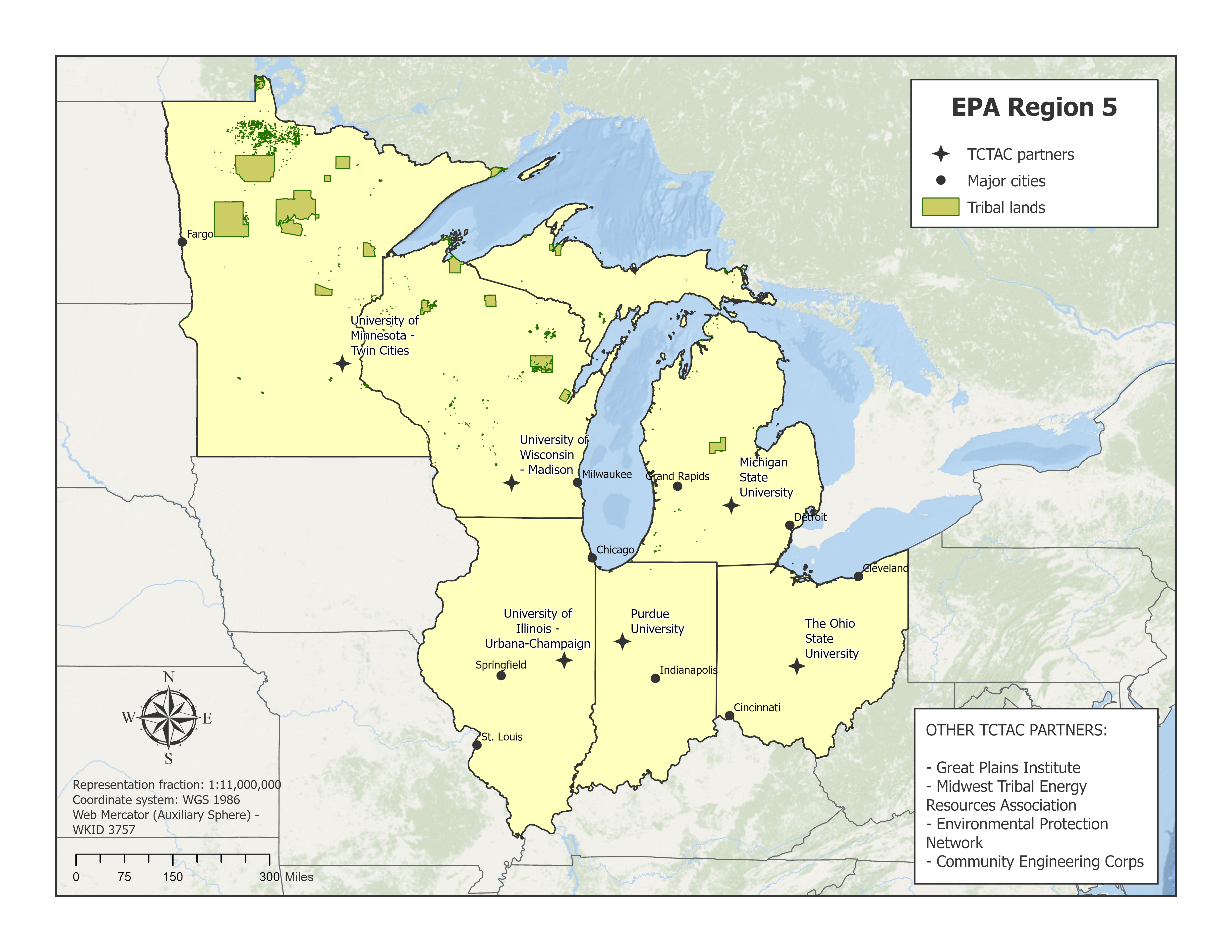 Map of EPA region 5 with TCTAC partners identified. 