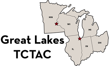 Great Lakes TCTAC regional map. Outline of MN, WI, IL, IN, MI and OH. Stars on Minneapolis and Chicago to represent the two region 5 hubs. 