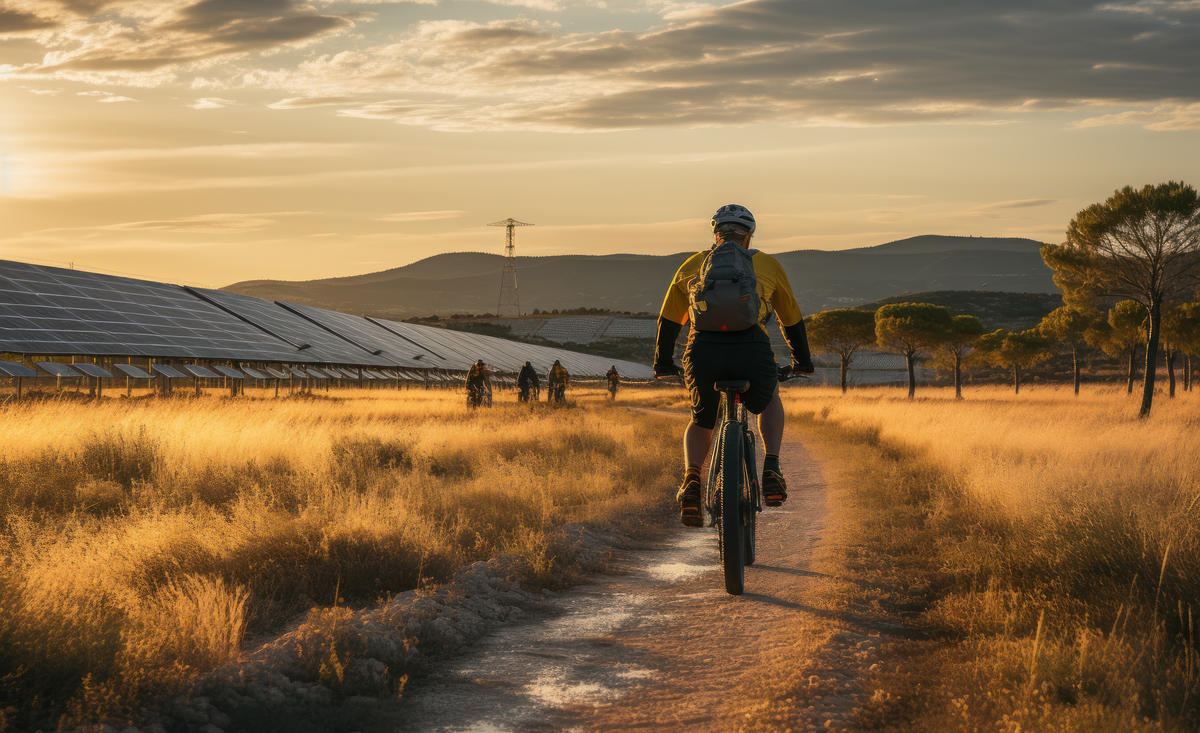 Biker on bike path in rural area with solar panels on left. 
